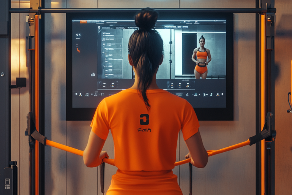 A woman in an orange shirt trains with resistance bands in front of a smart fitness mirror, illustrating physiological responses and scientific research in modern exercise technology.