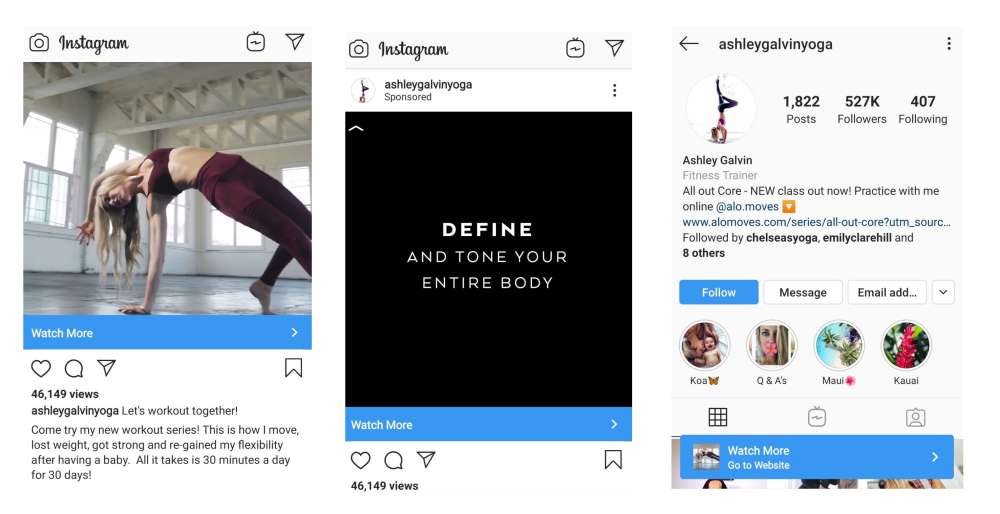 Ashley yoga advertisements on Instagram collage