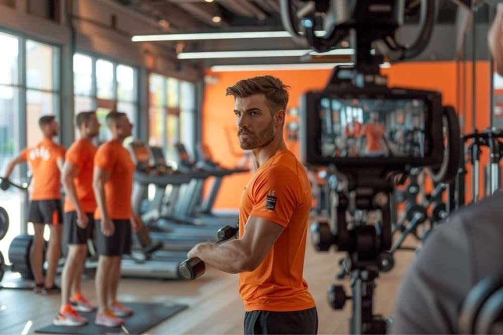 Influencer de fitness grabando video en un gimnasio
