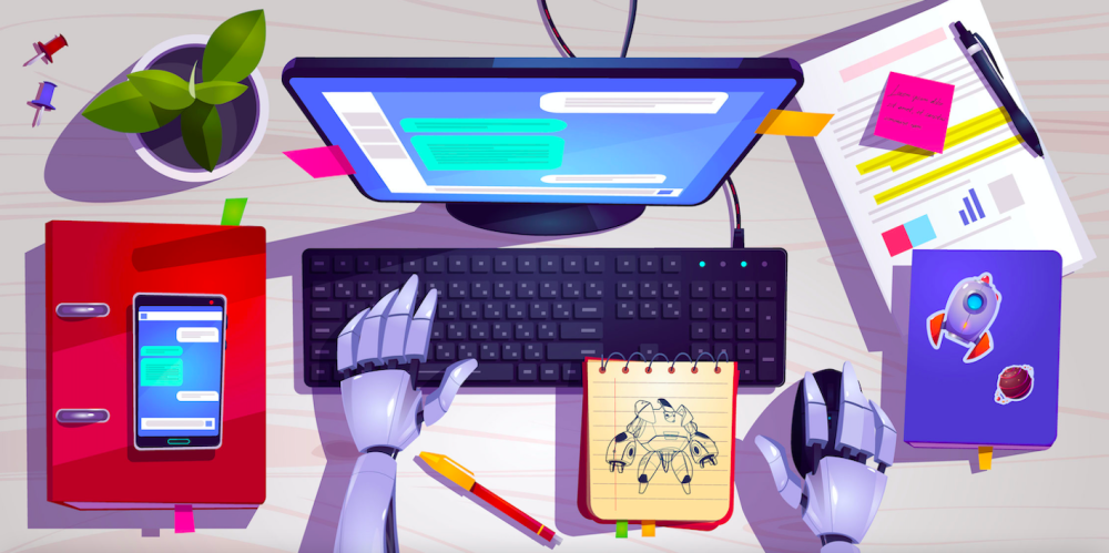 Grafikdesignkunst des Roboters, der etwas im Computer schreibt