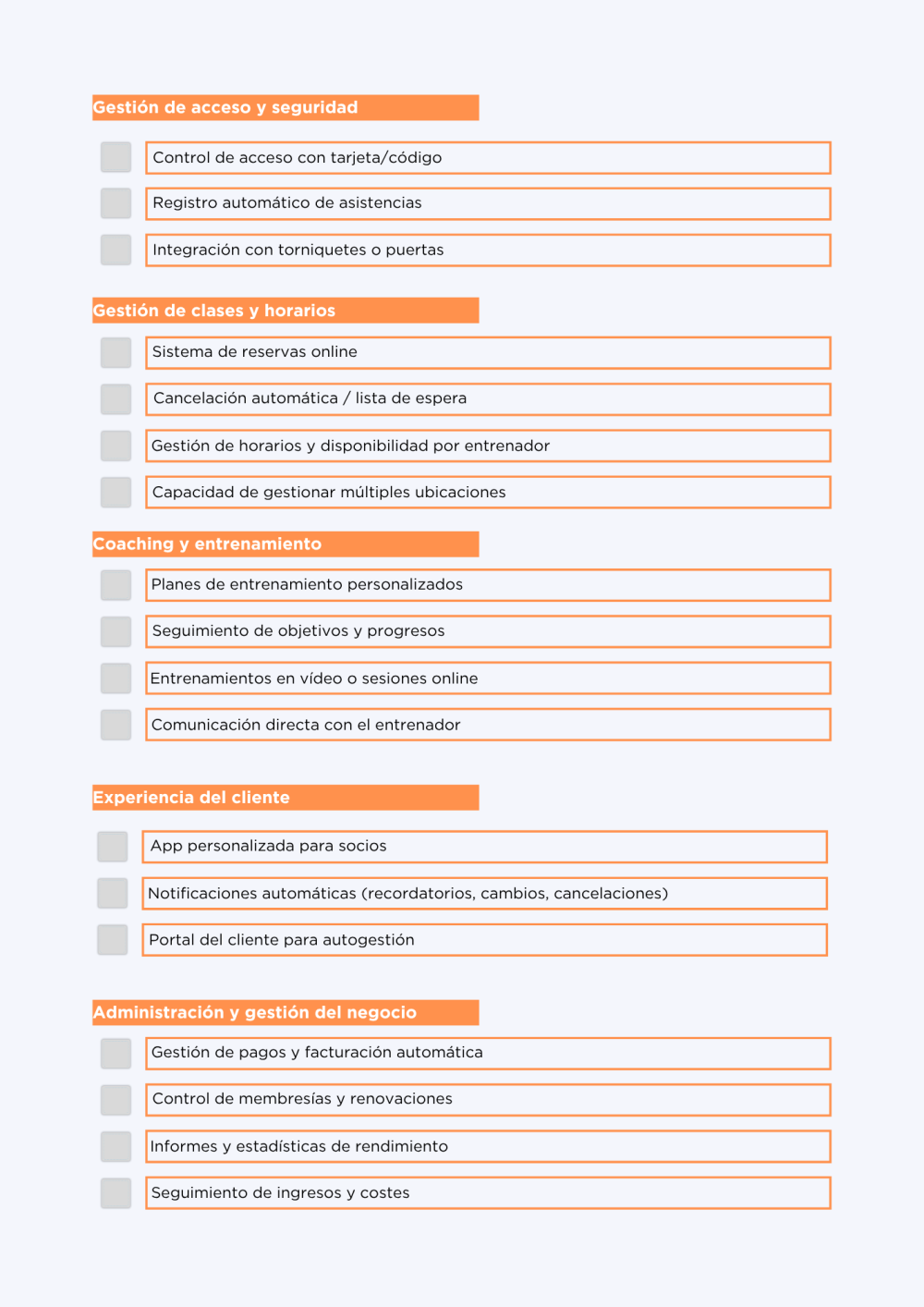checklist descargable de funcionalidades que debe tener un software para gimnasios