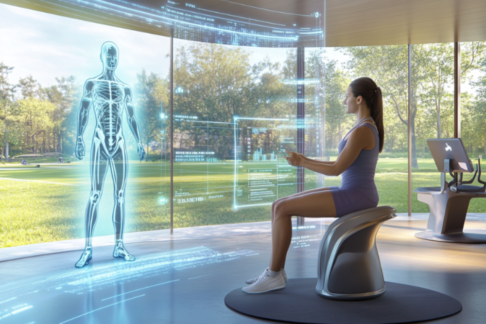 Een vrouw zit in een moderne sportschool en interacteert met een transparant scherm waarop een 3D AI-avatar wordt weergegeven, terwijl door grote ramen een prachtig buitenlandschap zichtbaar is.