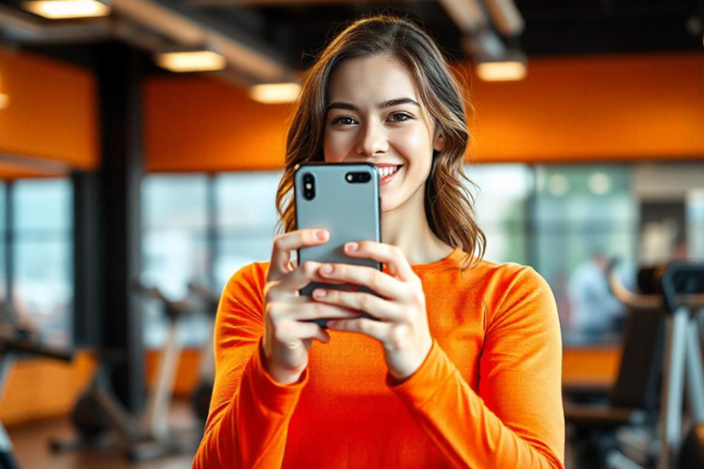 Eine Frau in einem orangefarbenen Oberteil macht ein Selfie in einem Fitnessstudio und lächelt in die Kamera, während im Hintergrund Fitnessgeräte zu sehen sind.
