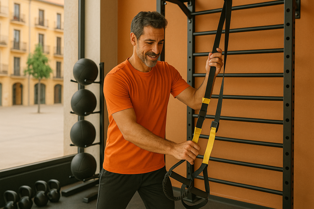 Entrenador personal hace ejercicios de acondicionamiento con material fitness en su local fitness