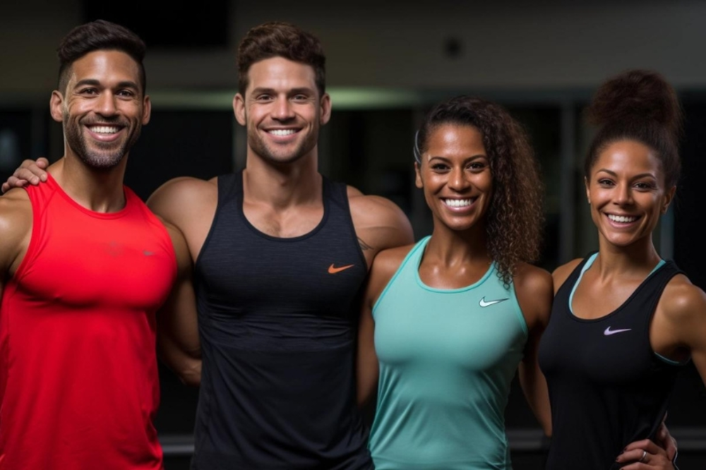 2 men and 2 women standing next to each other in the gym and smiling
