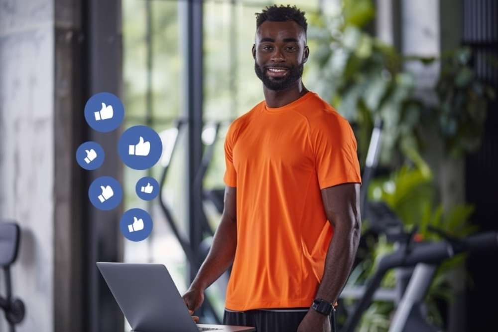 Fitnesstrainer mit Laptop und Like Symbolen