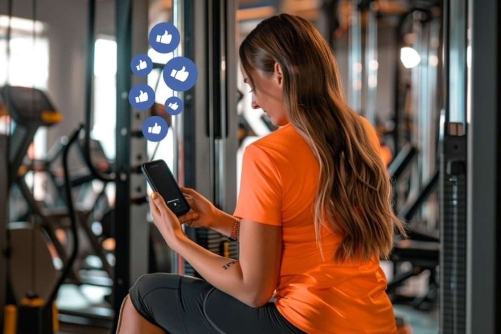 Fitnesstrainerin auf dem Smartphone mit Like Symbolen