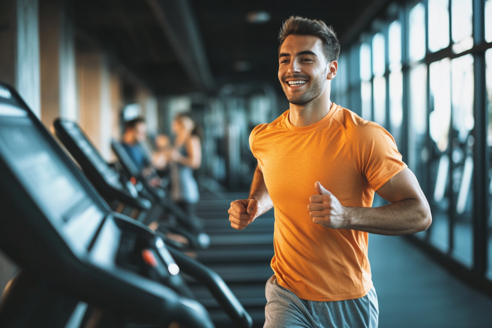 Glückliches Fitnessstudio-Januar-Mitglied auf dem Laufband