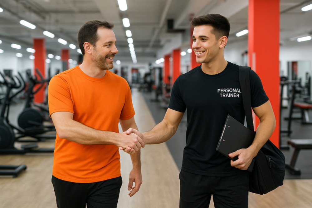 Gym owner shakes hands with new personal trainer on first day.