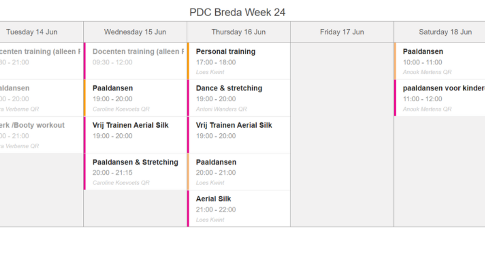 Lesrooster Virtuagym dansschool app