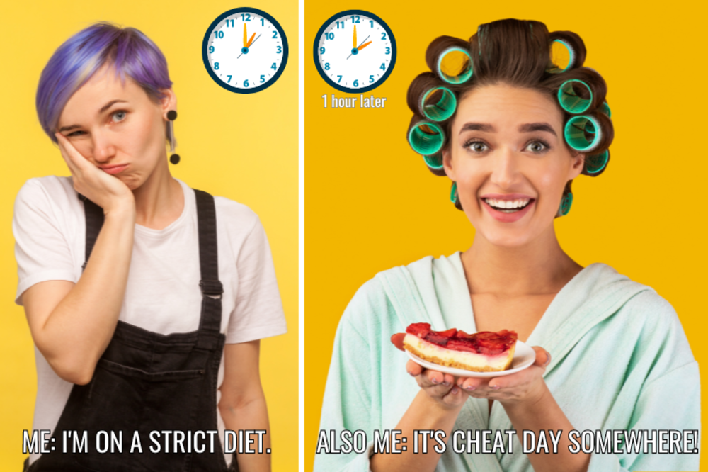 Links ist eine Person mit lila Haaren zu sehen, die müde aussieht, und die Bildunterschrift lautet