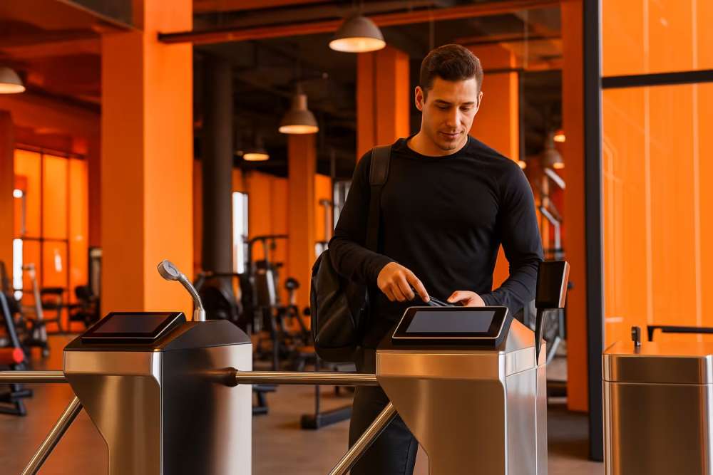 Mann tritt in Fitness Studio durch QR scan ein