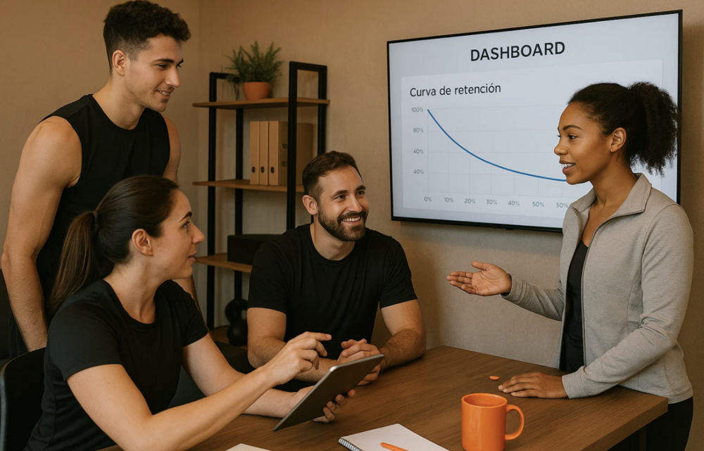 Entrenadores en españa consultando el horario de clase en una entrevista en sus instalaciones