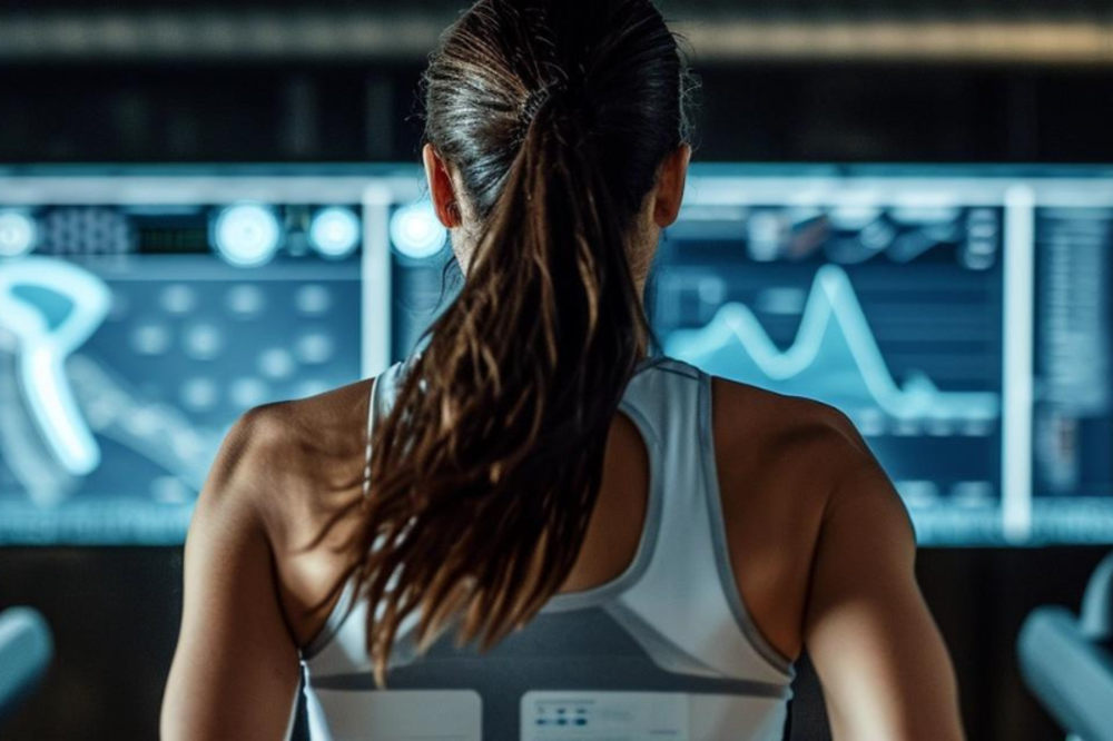 Rücken einer Frau in Sportkleidung vor Bildschirmen