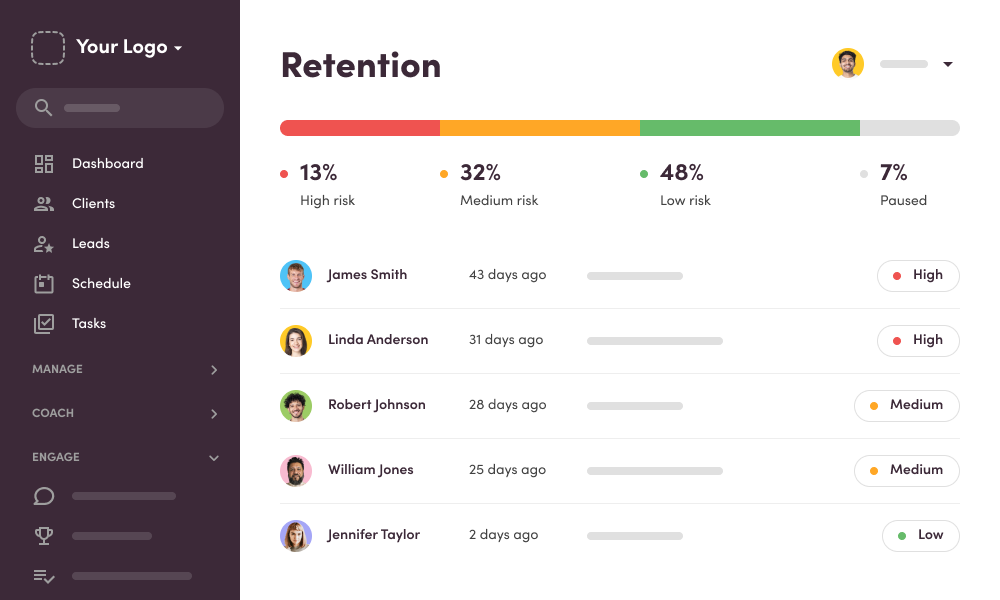 A user engagement dashboard showing risk levels and client activity status in a fitness management software.