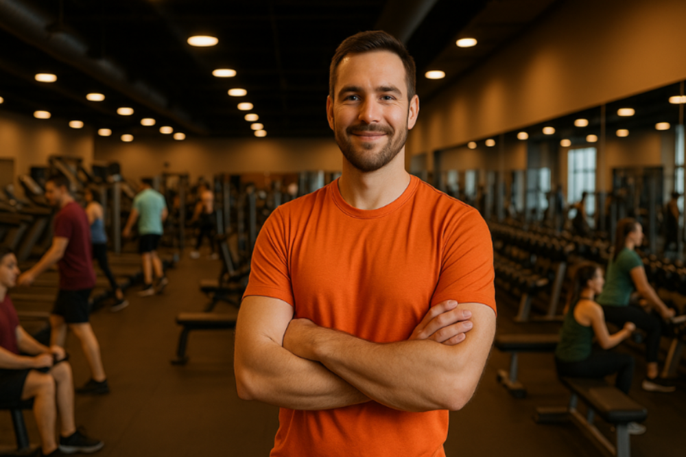 Confident gym owner in an orange shirt standing with folded arms on a calm, organized gym floor.