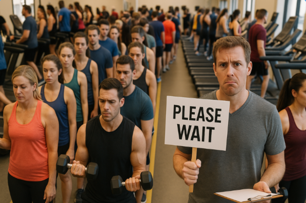 Frustrated trainer holding a “Please Wait” sign as people queue for treadmills in an overcrowded gym.
