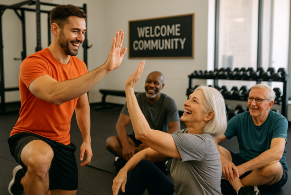 Trainer high-fiving an older woman during a cheerful group workout session in a welcoming gym.