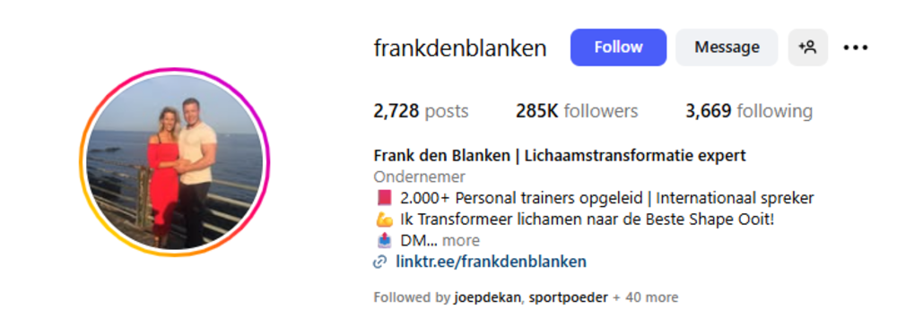 Screenshot Frank den Blanken Instagram online personal trainer