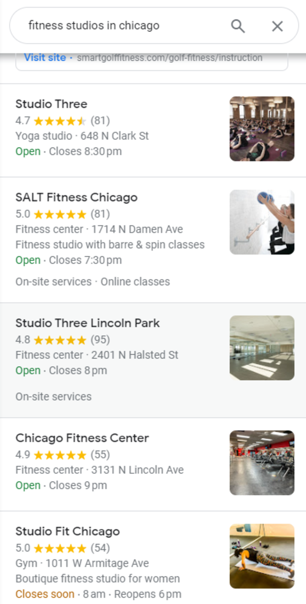 The image shows a list of fitness studios in Chicago with details like name, rating, address, and operational hours. Some studios also offer special features like online classes.