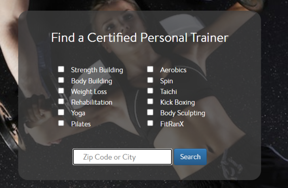 Una interfaz de sitio web que ofrece una función de búsqueda para encontrar entrenadores personales certificados, categorizados por diversas disciplinas de fitness.