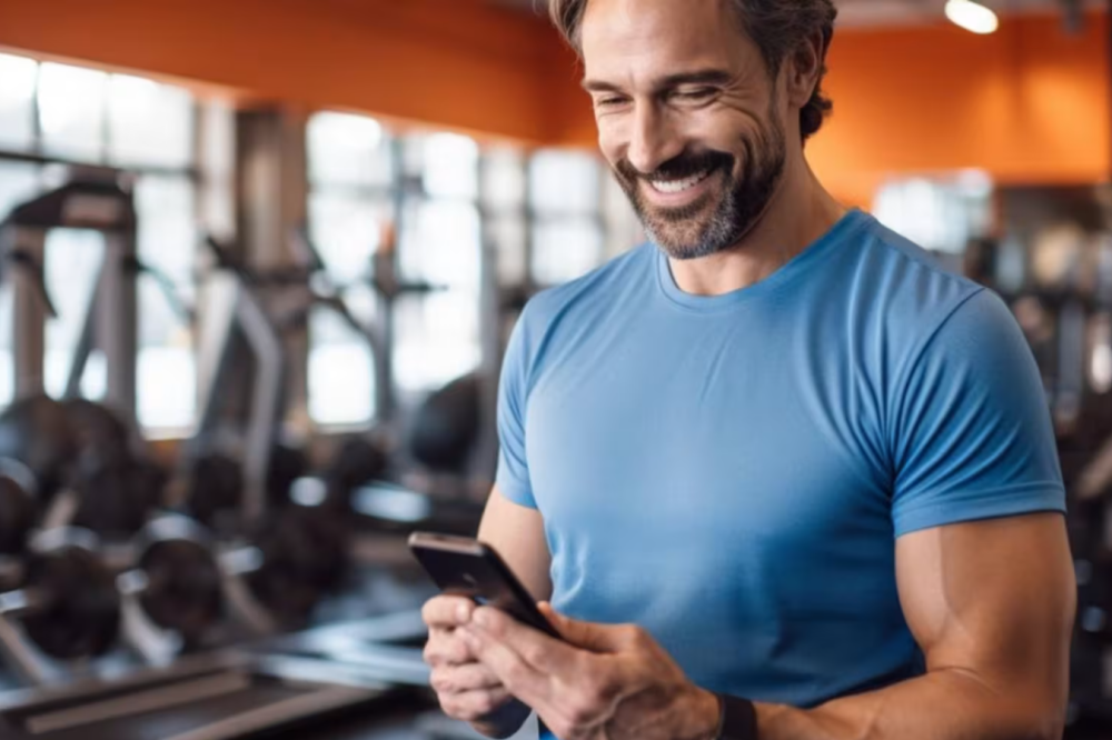 Personal trainer checking his business revenue on his phone