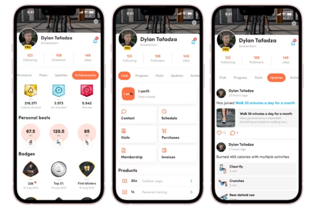 Captura de pantalla de una página de perfil de la aplicación móvil para un usuario llamado Dylan Tafadza, que indica membresía ‘PRO’, estadísticas de interacción social, logros personales de fitness y medallas.
