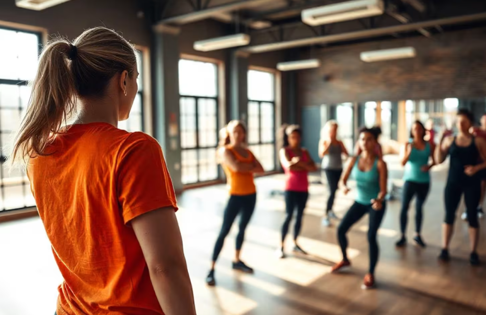 A group class about to start with new members in a gym