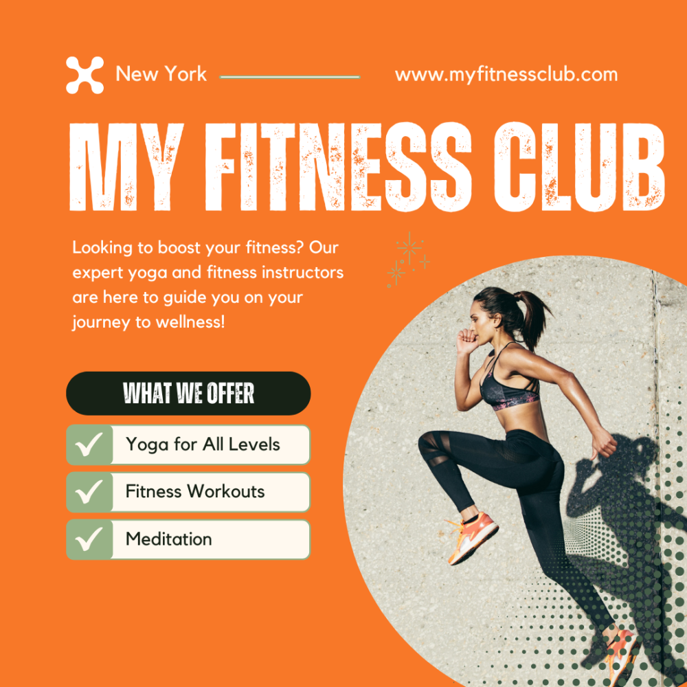 Promotional flyer for My Fitness Club offering yoga, fitness workouts, and meditation.