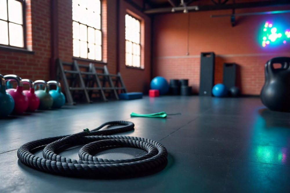 Battle ropes, kettlebells, and fitness gear neatly arranged on a gym floor.