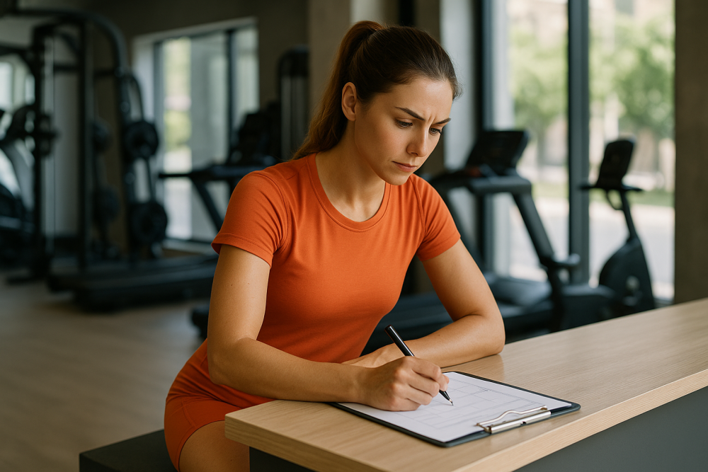 a gym owner taking notes