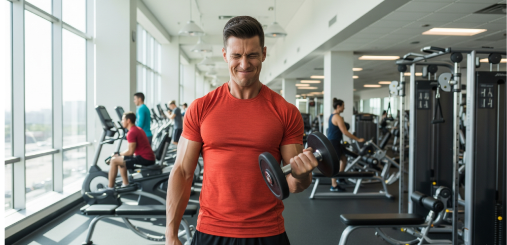 a person using heavy weight for bicep curl as part of his upper body exercise to be healthy