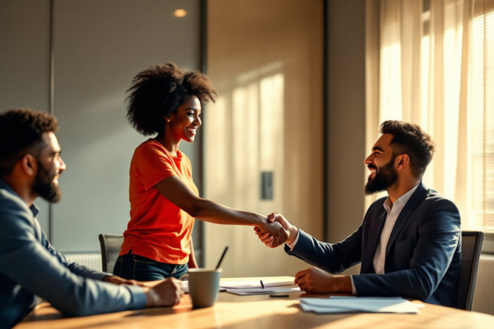 A young woman shaking hands with a businessman in an office setting, symbolizing a successful agreement or contract.