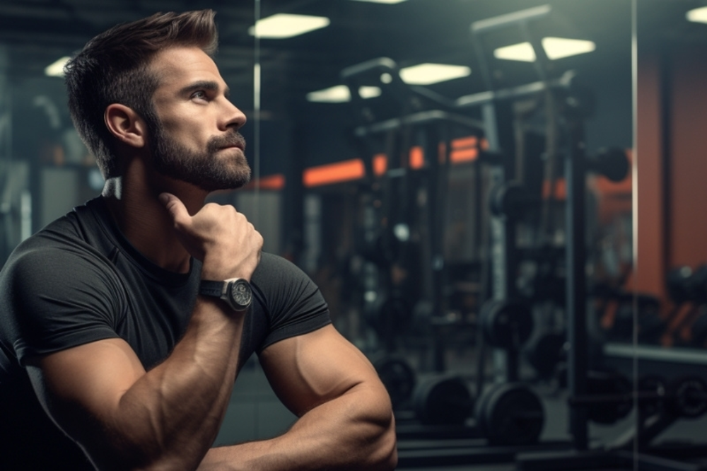 Personal trainer is thinking about something in the gym