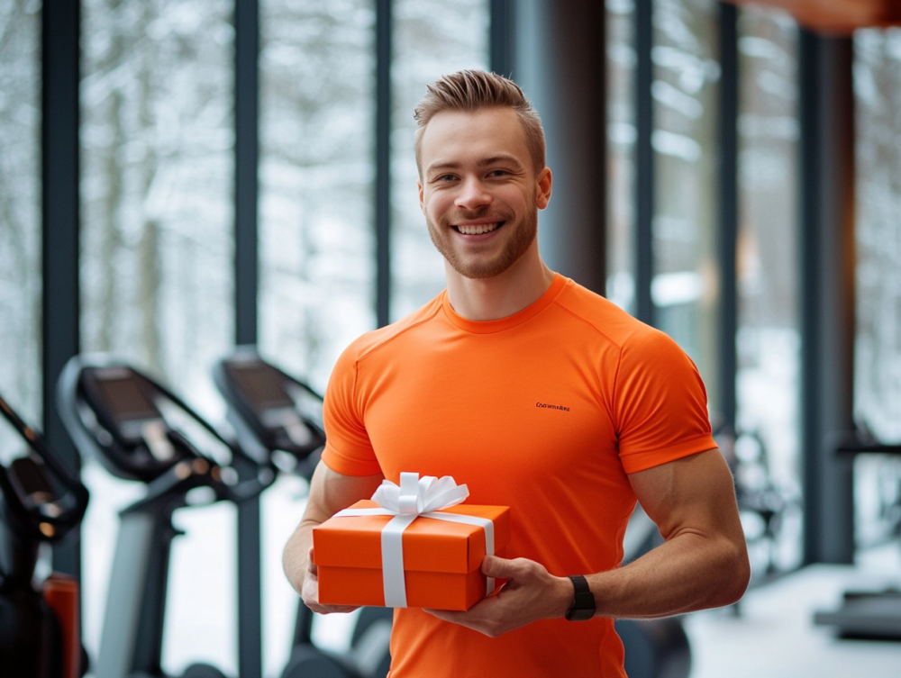 Personal trainer with an orange present in his hands