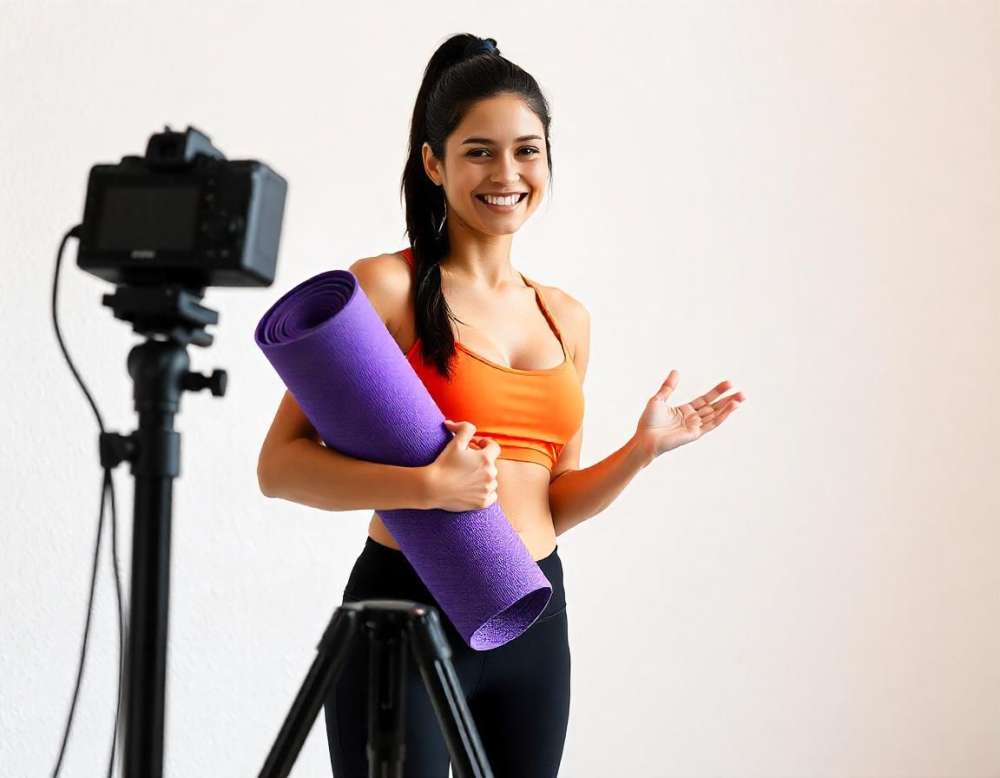 Una influencer de fitness graba un video para su págin web mientras sostiende una esterilla