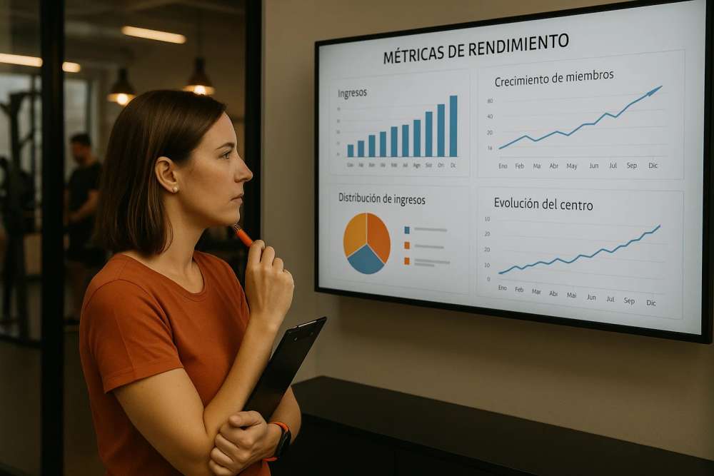 Gestor de un centro revisando resultados, características y objetivos según la evolución de los gimnasios.