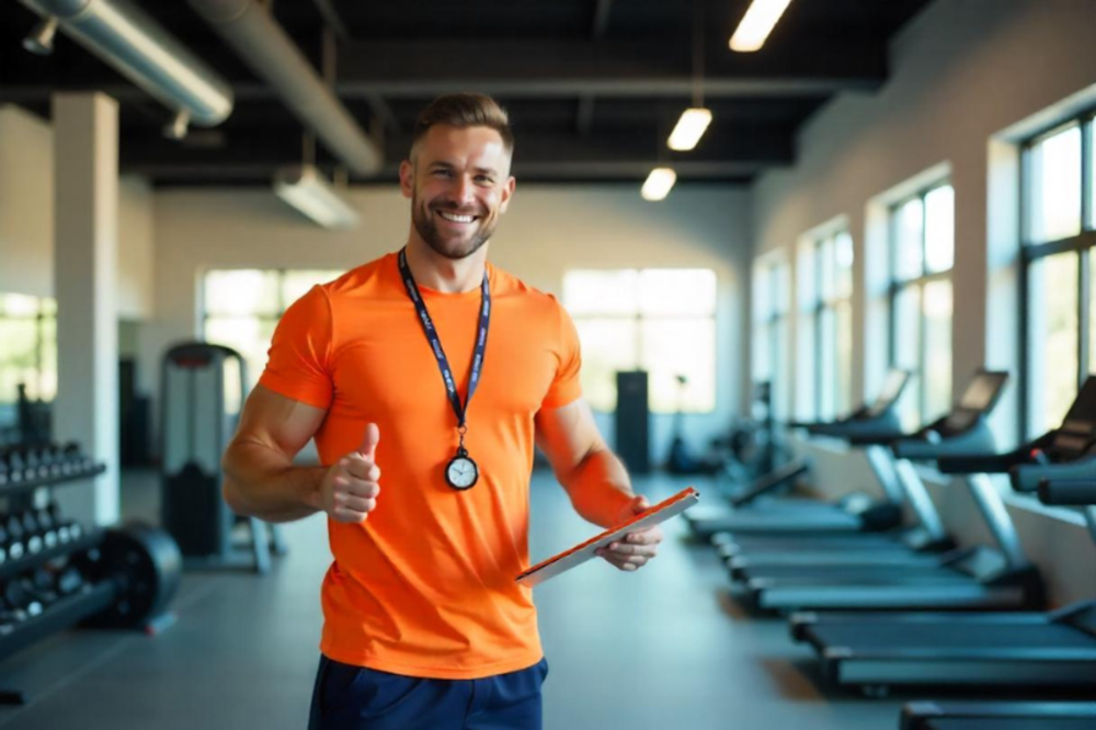 a personal trainer wearing an orange t-shit giving a thumbs up in a gym to gym members