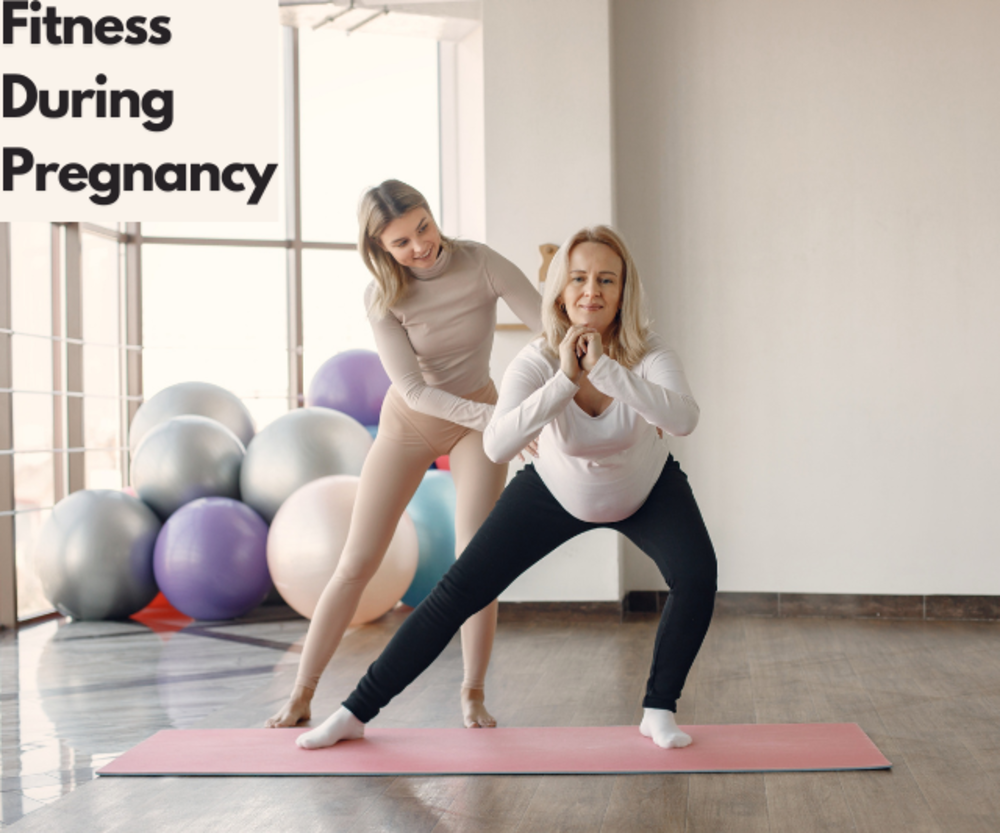 Two women, one pregnant, performing fitness exercises in a bright studio with exercise balls in the background, titled &quot;Fitness During Pregnancy&quot;.