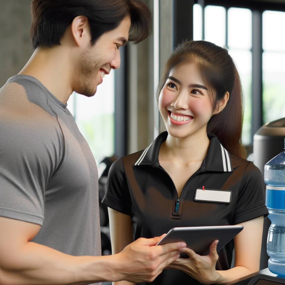 Man and woman chatting and looking something on the tablet