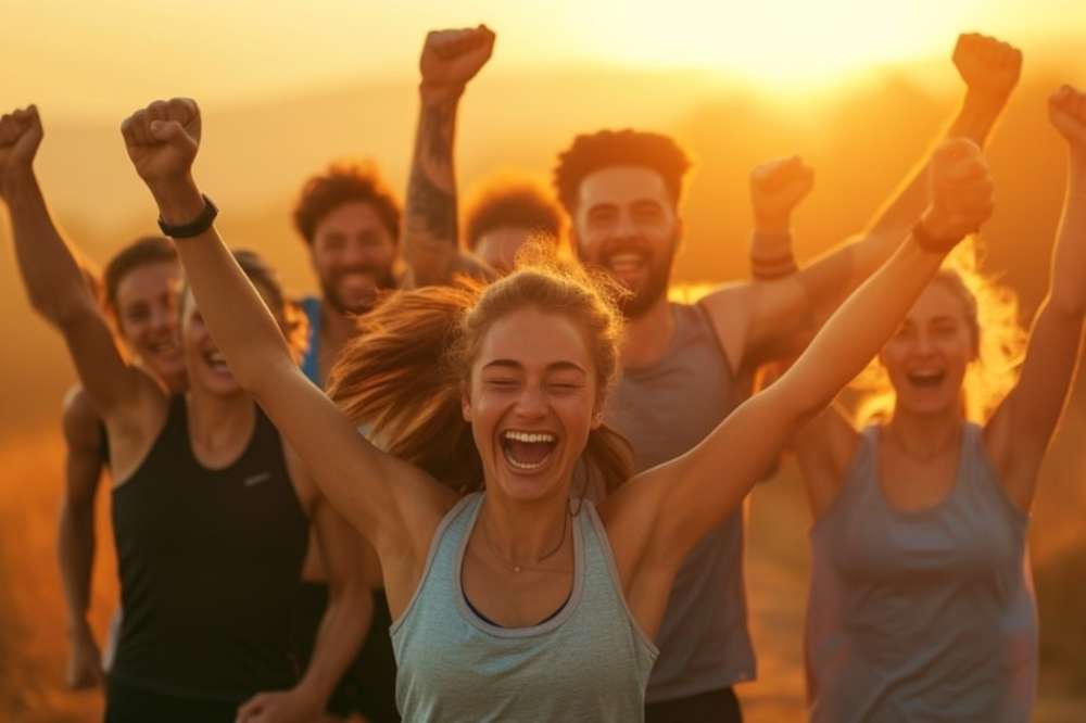 Un grupo de personas entusiastas celebrando al aire libre durante una sesión de fitness al atardecer, con sonrisas y brazos levantados, reflejando la energía y camaradería de un buen entrenamiento.