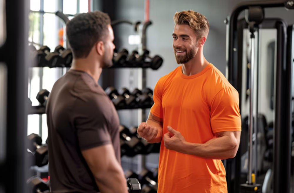 Men talking in a gym