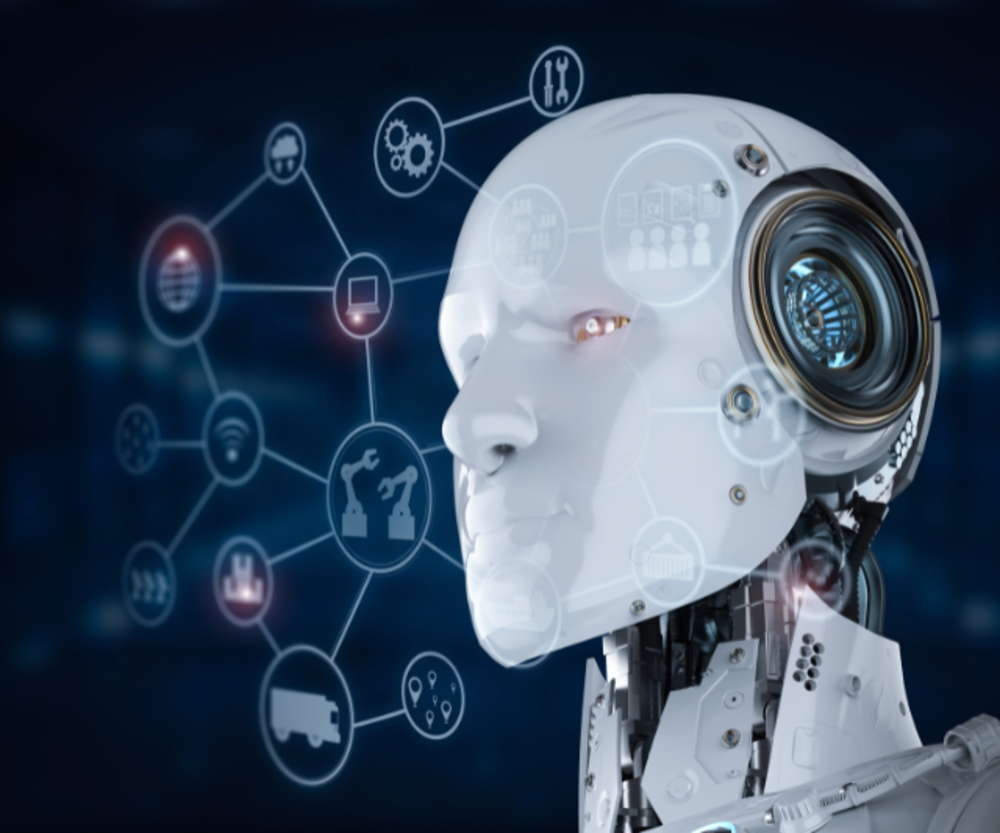 A humanoid robot head with a complex eye mechanism and a transparent cranium displaying various digital icons and networks, symbolizing advanced artificial intelligence and connectivity.