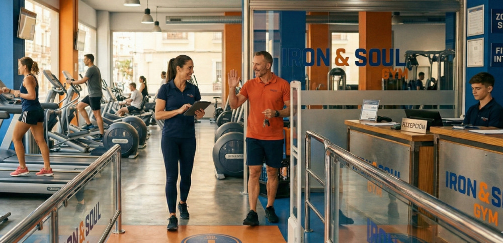 Usuarios de fitness haciendo deporte con máquinas de fuerza
