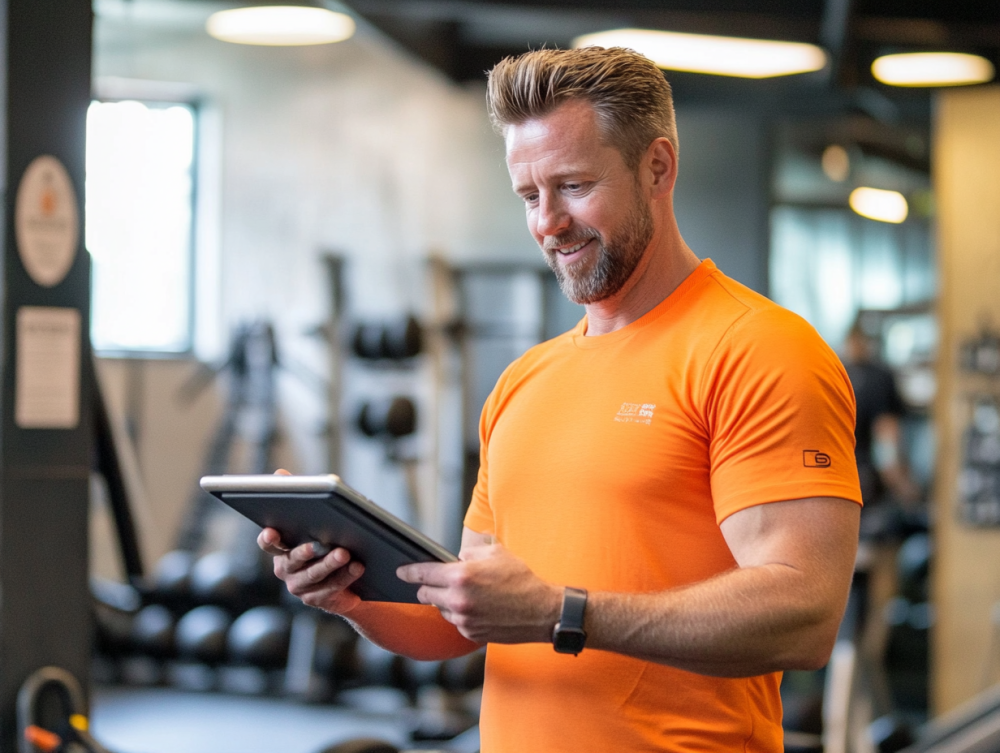 Propietario de un gimnasio con una camiseta naranja gestionando el negocio desde su tablet.
