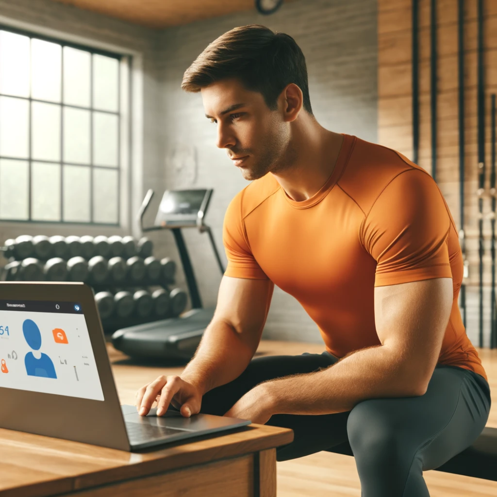A personal trainer in an orange t-shirt using a laptop in a gym.