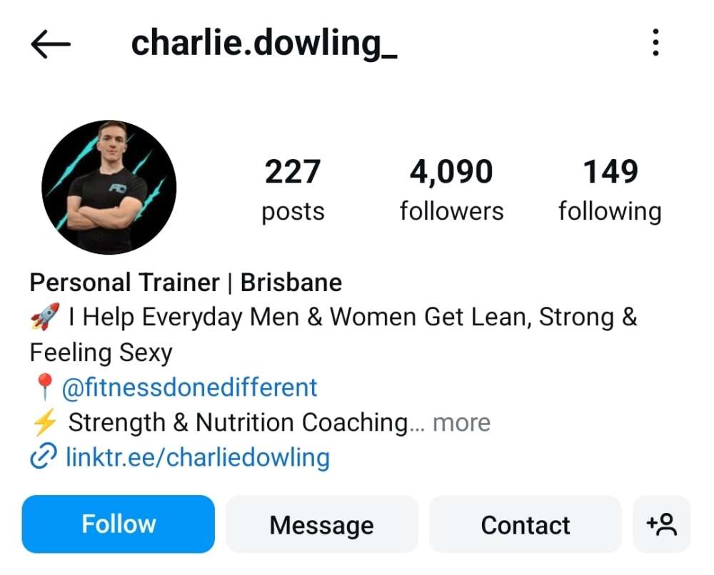An Instagram profile page for charlie.dowling_, a personal trainer in Brisbane. The profile shows 227 posts, 4,090 followers, and 149 following. The bio describes their services in fitness and nutrition coaching.