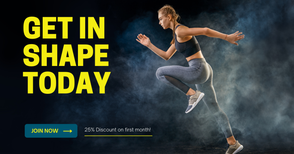 A fitness advertisement featuring a woman mid-exercise with dynamic lighting and smoke effects, alongside bold text &quot;GET IN SHAPE TODAY&quot; and a call-to-action button offering a &quot;25% Discount on first month!
