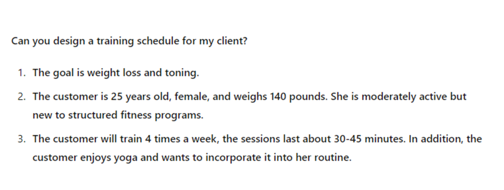 A text image detailing a request for a training schedule for a fitness client, focusing on weight loss and toning, incorporating yoga, for a 25-year-old female.