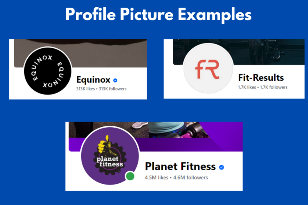 Profile picture examples for fitness brands including Equinox, Fit-Results, and Planet Fitness, showcasing their logos and follower counts on a blue background.